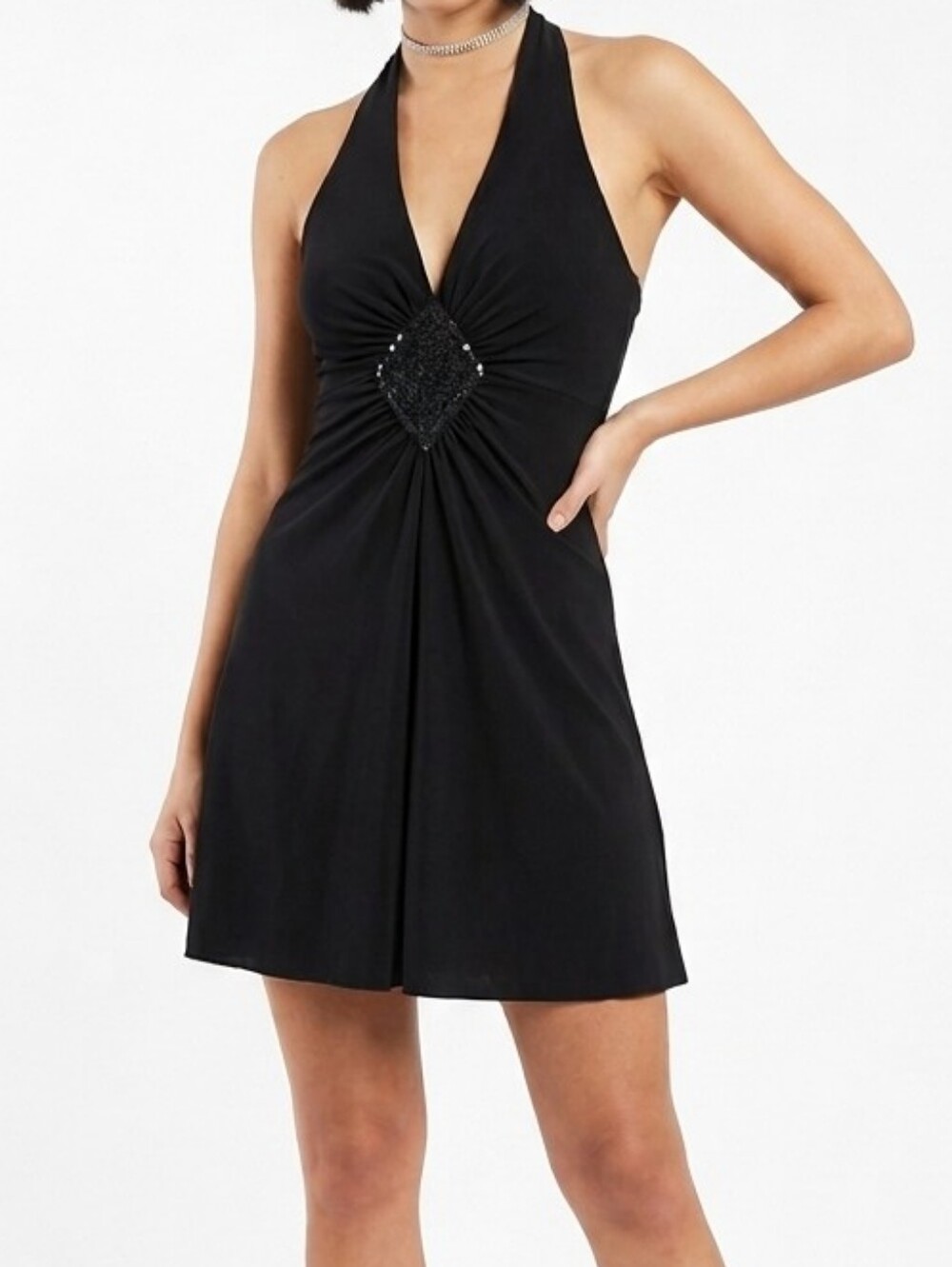 Y2K Vintage Black Halter Neck Diamond Sequin Accent Mini Dress Small Chopped Hem